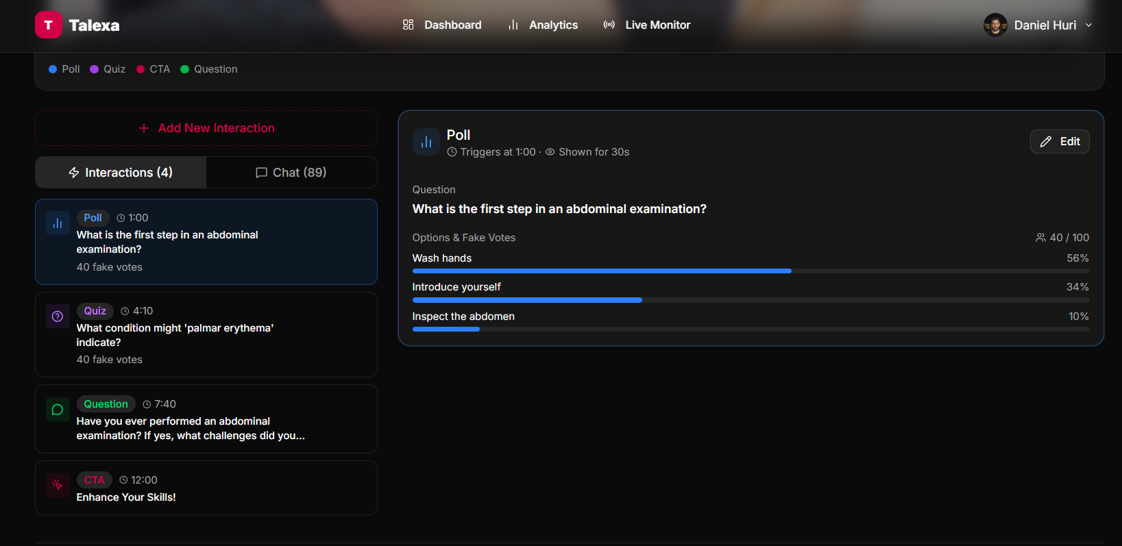 Talexa automated webinar dashboard showing AI-generated polls, quizzes, questions, and CTAs that trigger automatically at timed moments during a pre-recorded webinar, with a live poll displaying audience vote percentages